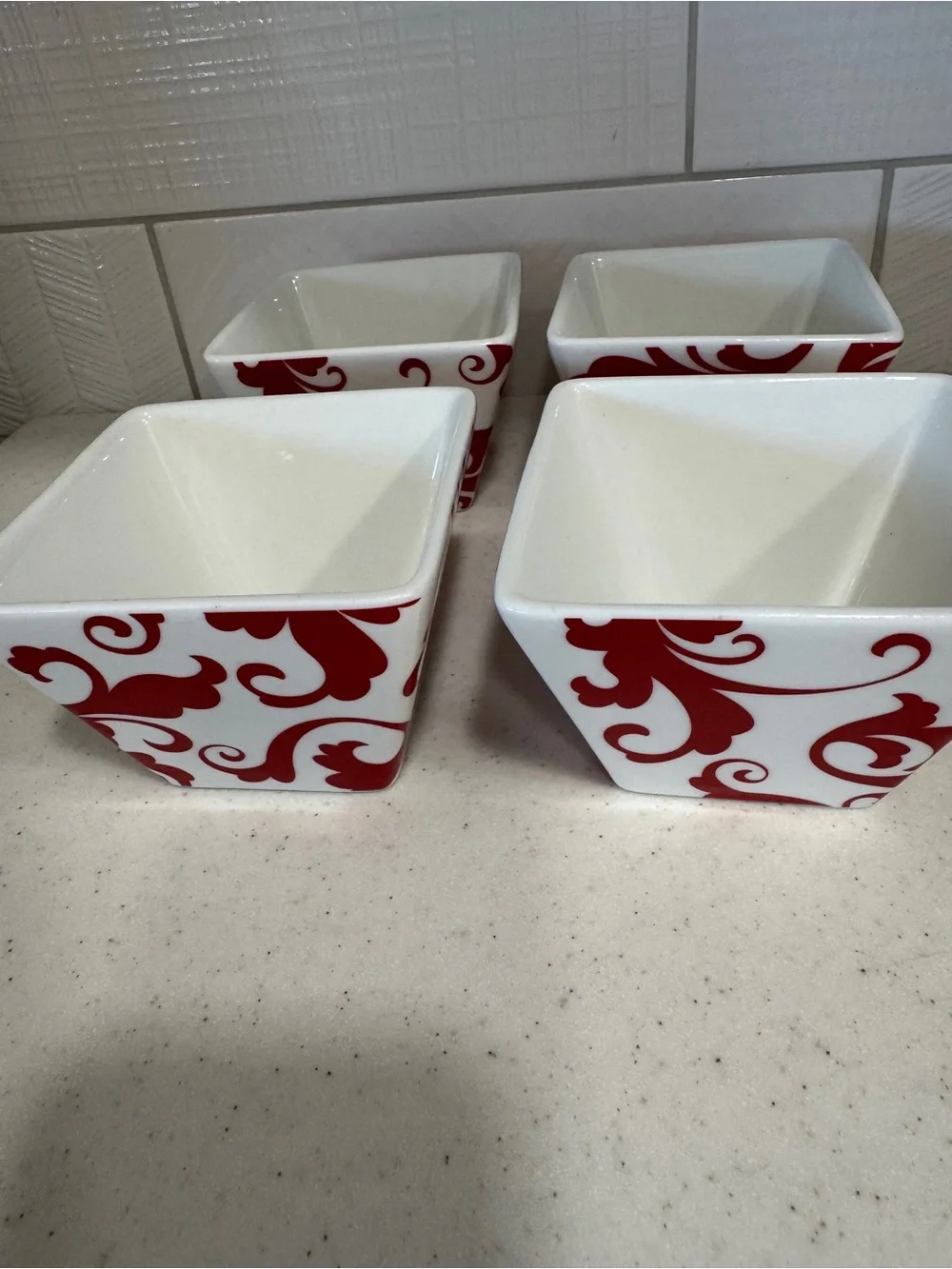 Ciroa Simple Serve 4” Red & White Scroll Design Porcelain Bowls- Set of 4